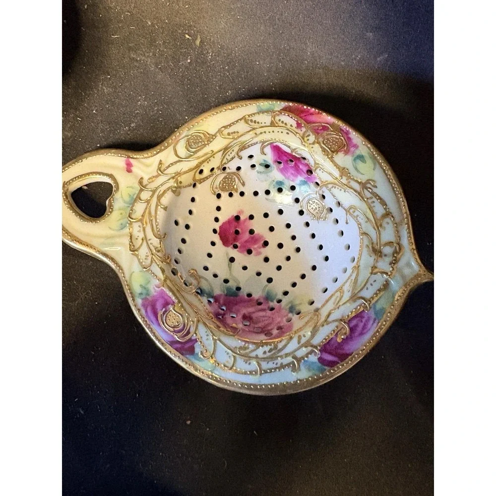 Antique Floral Porcelain Tea Strainer & Drip Bowl Base w/ Gold Gilded Accents